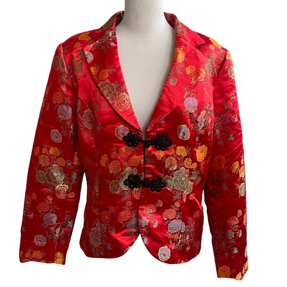 Boston Proper Red Floral Brocade Blazer Jacket‎ Mandarin Frog Closure Women's 12